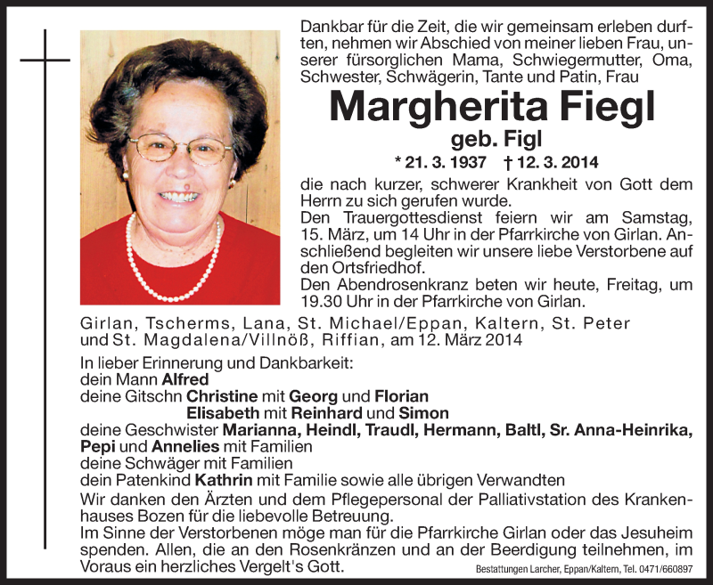  Traueranzeige für Margherita Fiegl vom 14.03.2014 aus Dolomiten