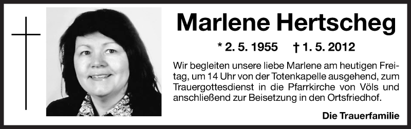  Traueranzeige für Marlene Hertscheg vom 04.05.2012 aus Dolomiten