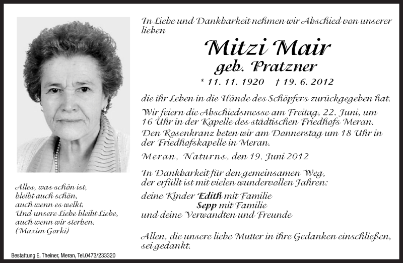  Traueranzeige für Mitzi Mair vom 21.06.2012 aus Dolomiten