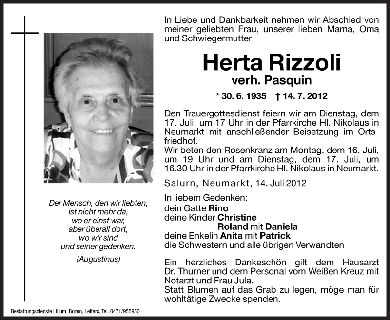  Traueranzeige für Herta Rizzoli vom 16.07.2012 aus Dolomiten