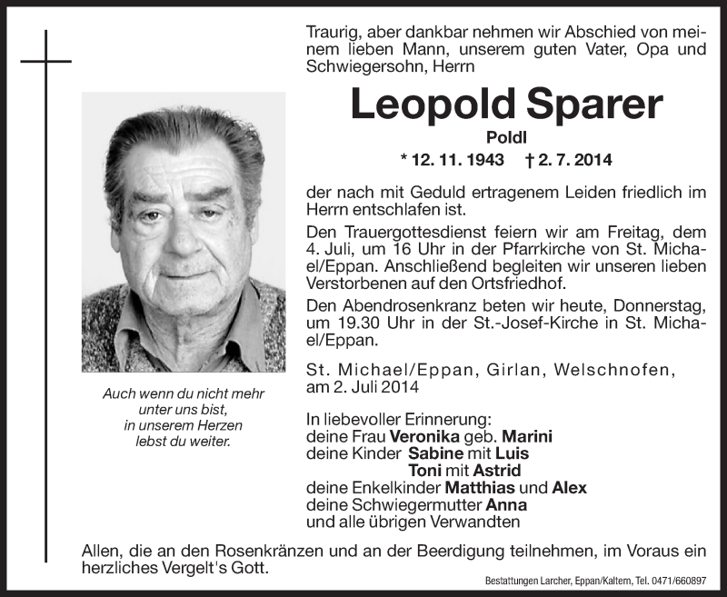  Traueranzeige für Leopold Sparer vom 03.07.2014 aus Dolomiten