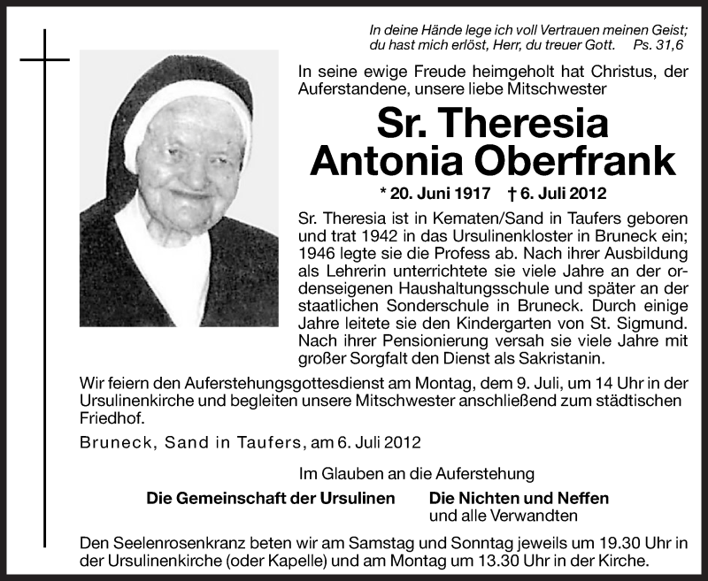  Traueranzeige für Theresia Antonia Oberfrank vom 09.07.2012 aus Dolomiten