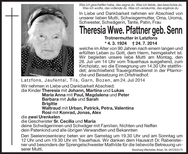  Traueranzeige für Theresia Pfattner vom 26.07.2014 aus Dolomiten