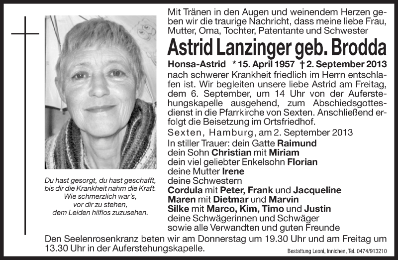  Traueranzeige für Astrid Lanzinger vom 05.09.2013 aus Dolomiten