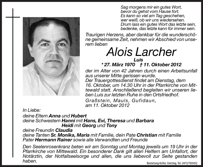  Traueranzeige für Alois Larcher vom 13.10.2012 aus Dolomiten