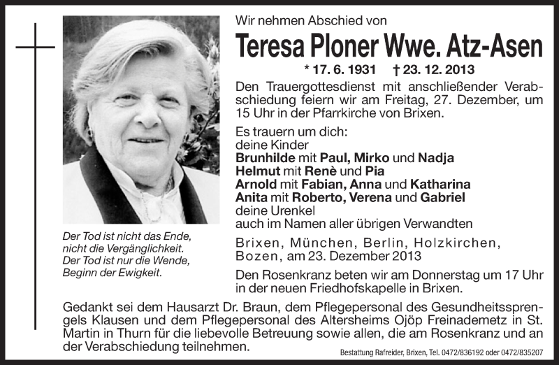  Traueranzeige für Teresa Atz-Asen vom 24.12.2013 aus Dolomiten