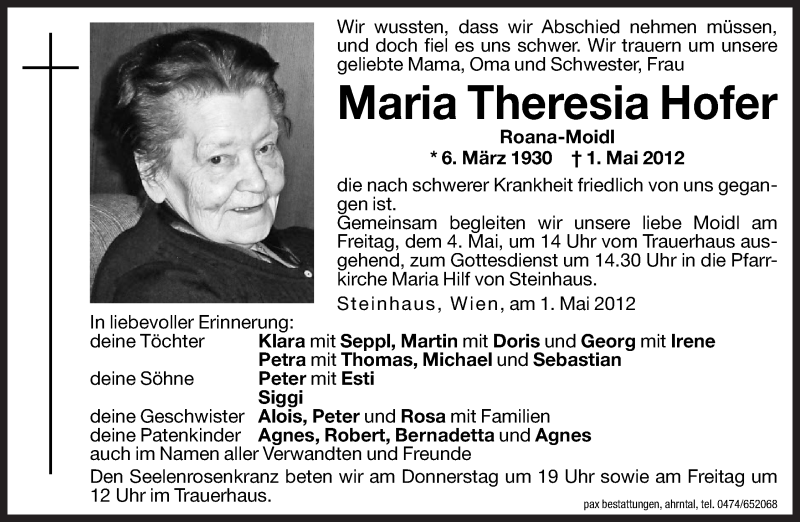  Traueranzeige für Maria Theresia Hofer vom 03.05.2012 aus Dolomiten