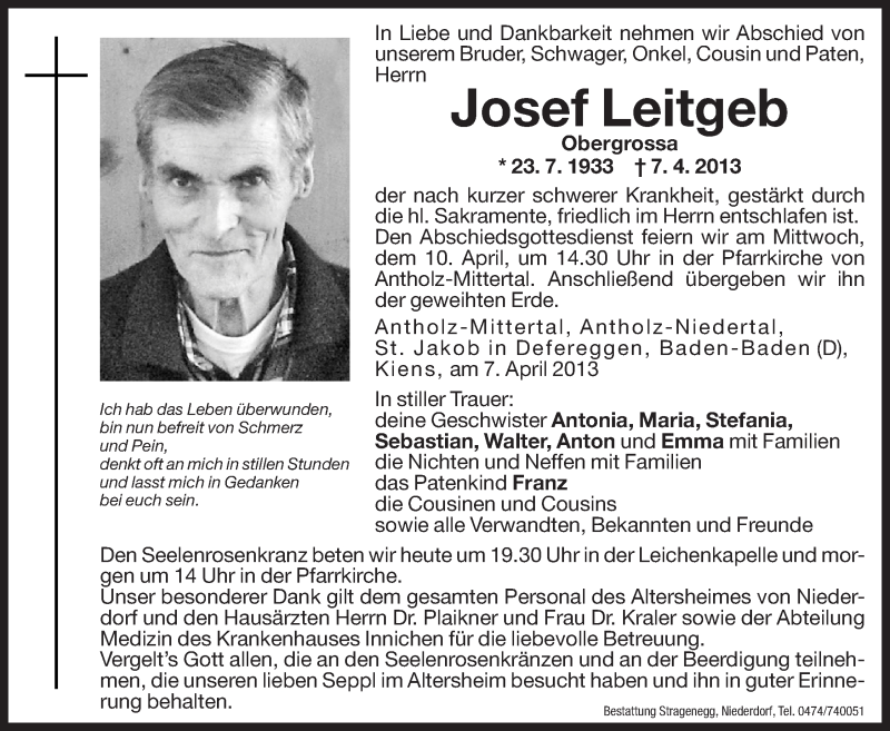  Traueranzeige für Josef Leitgeb vom 09.04.2013 aus Dolomiten