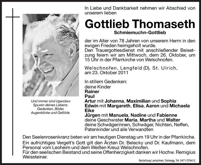  Traueranzeige für Gottlieb Thomaseth vom 01.01.0001 aus Dolomiten