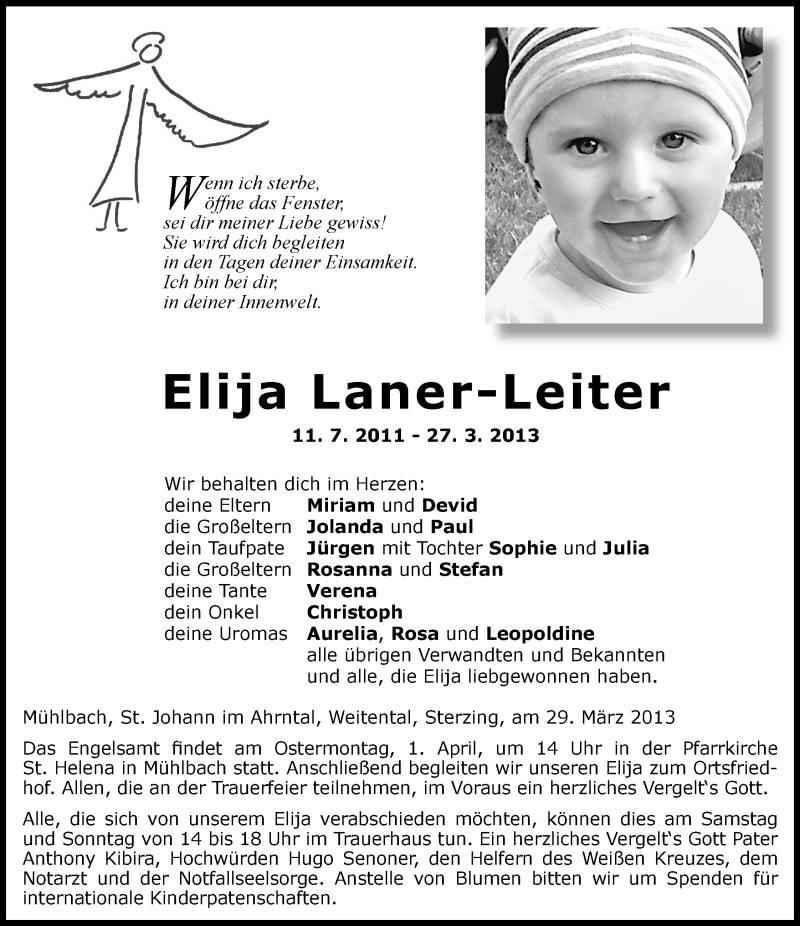  Traueranzeige für Elija Laner-Leiter vom 30.03.2013 aus Dolomiten