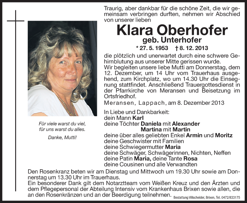  Traueranzeige für Klara Oberhofer vom 10.12.2013 aus Dolomiten