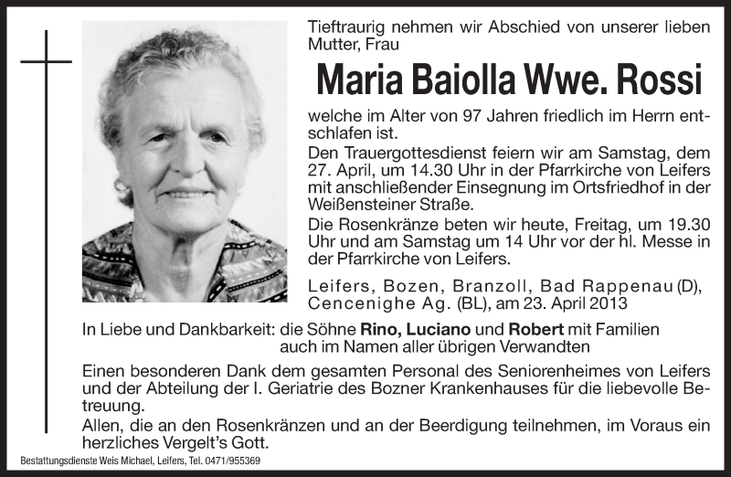  Traueranzeige für Maria Baiolla vom 26.04.2013 aus Dolomiten