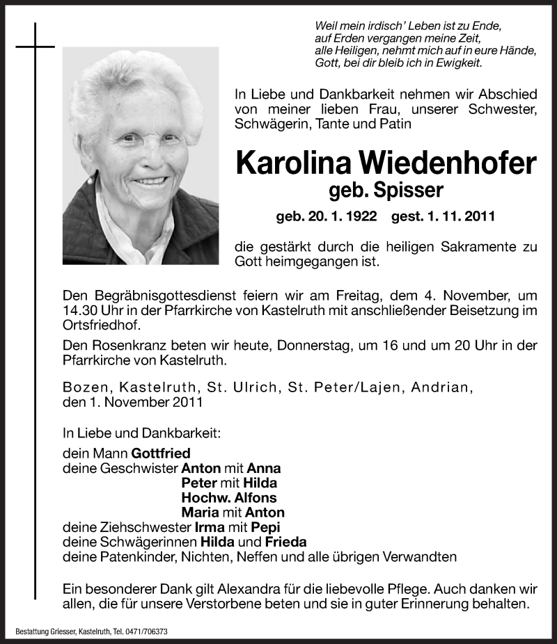  Traueranzeige für Karolina Wiedenhofer vom 11.03.2011 aus Dolomiten