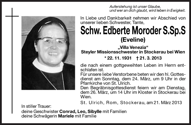  Traueranzeige für Edberte Moroder vom 23.03.2013 aus Dolomiten