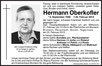 Traueranzeige von Hermann Oberkofler von Dolomiten