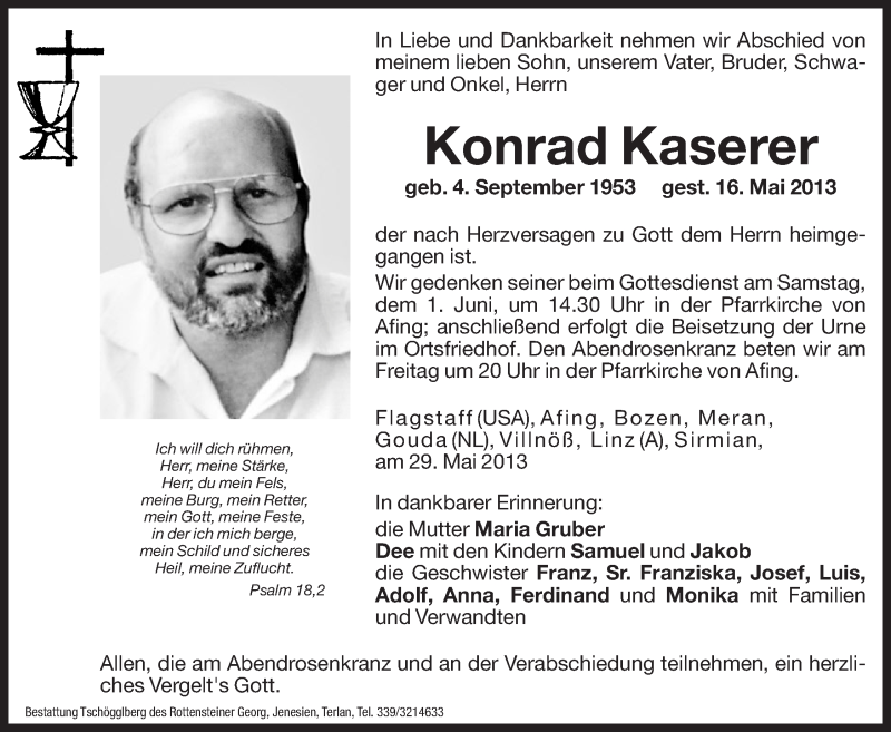  Traueranzeige für Konrad Kaserer vom 29.05.2013 aus Dolomiten