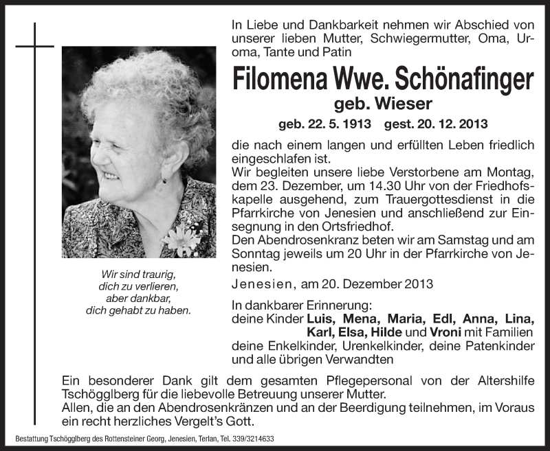  Traueranzeige für Filomena Schönafinger vom 21.12.2013 aus Dolomiten