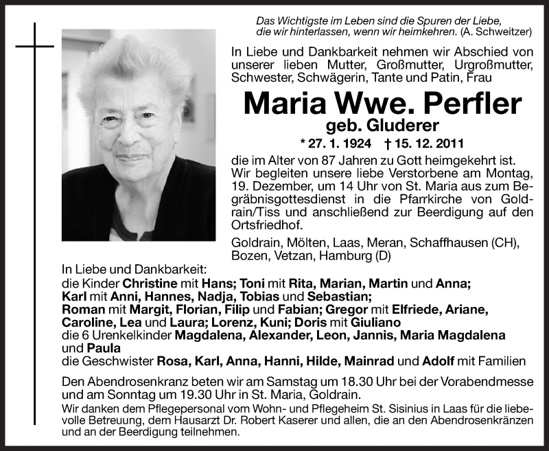  Traueranzeige für Maria Perfler vom 17.12.2011 aus Dolomiten