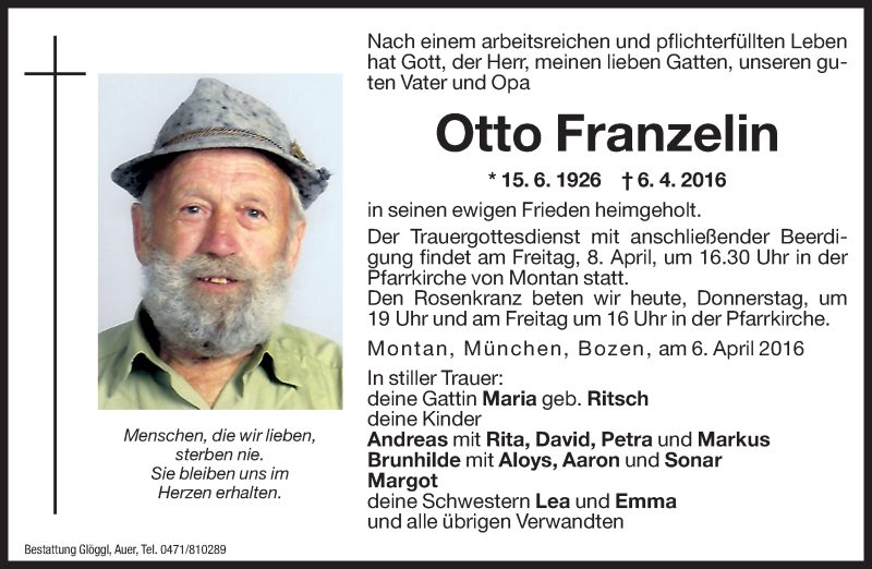  Traueranzeige für Otto Franzelin vom 07.04.2016 aus Dolomiten