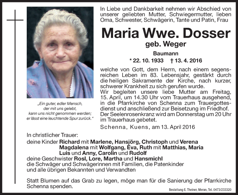  Traueranzeige für Maria Dosser vom 14.04.2016 aus Dolomiten