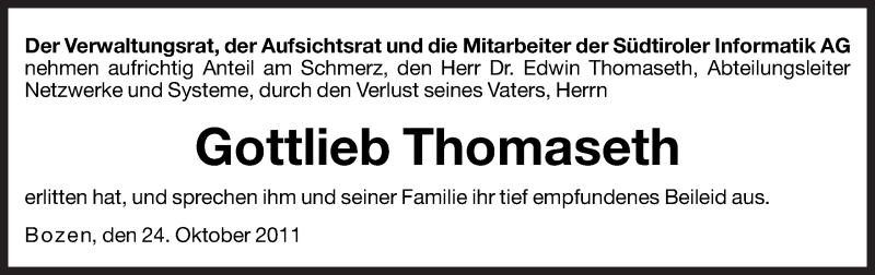  Traueranzeige für Gottlieb Thomaseth vom 25.10.2011 aus Dolomiten