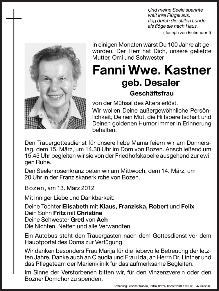  Traueranzeige für Fanni Kastner vom 14.03.2012 aus Dolomiten