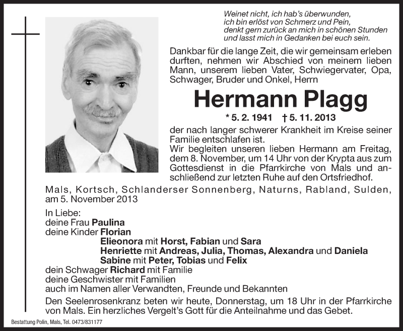  Traueranzeige für Hermann Plagg vom 07.11.2013 aus Dolomiten