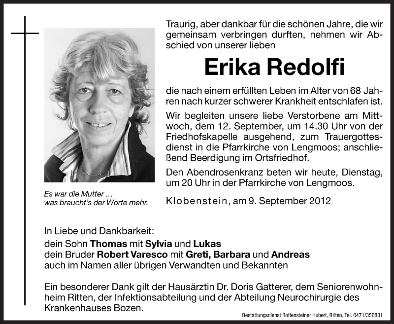  Traueranzeige für Erika Redolfi vom 11.09.2012 aus Dolomiten