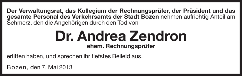  Traueranzeige für Andrea Zendron vom 07.05.2013 aus Dolomiten