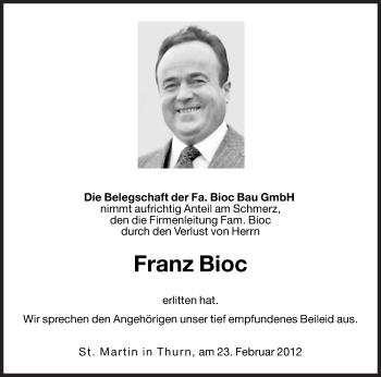 Traueranzeige von Franz Bioc von Dolomiten