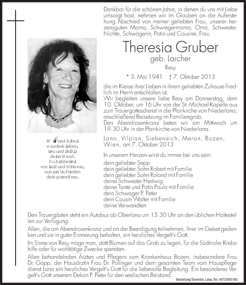  Traueranzeige für Theresia Gruber vom 09.10.2013 aus Dolomiten