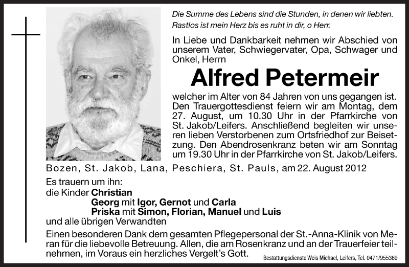  Traueranzeige für Alfred Petermeir vom 24.08.2012 aus Dolomiten