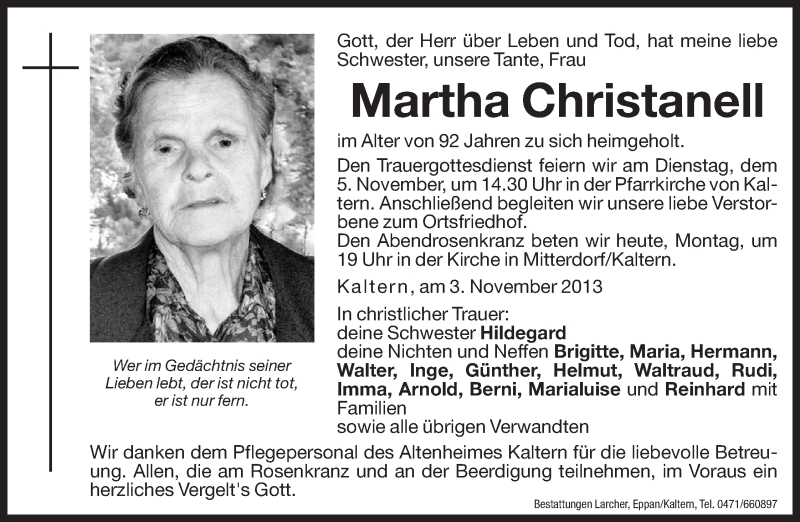  Traueranzeige für Martha Christanell vom 04.11.2013 aus Dolomiten