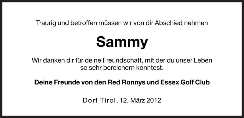  Traueranzeige für Sammy  vom 13.03.2012 aus Dolomiten