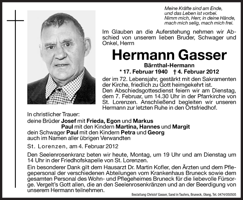  Traueranzeige für Hermann Gasser vom 06.02.2012 aus Dolomiten