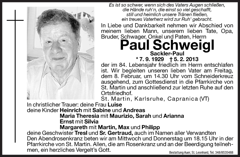  Traueranzeige für Paul Schweigl vom 06.02.2013 aus Dolomiten