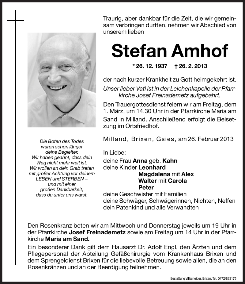  Traueranzeige für Stefan Amhof vom 27.02.2013 aus Dolomiten