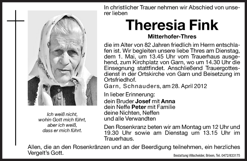  Traueranzeige für Theresia Fink vom 30.04.2012 aus Dolomiten