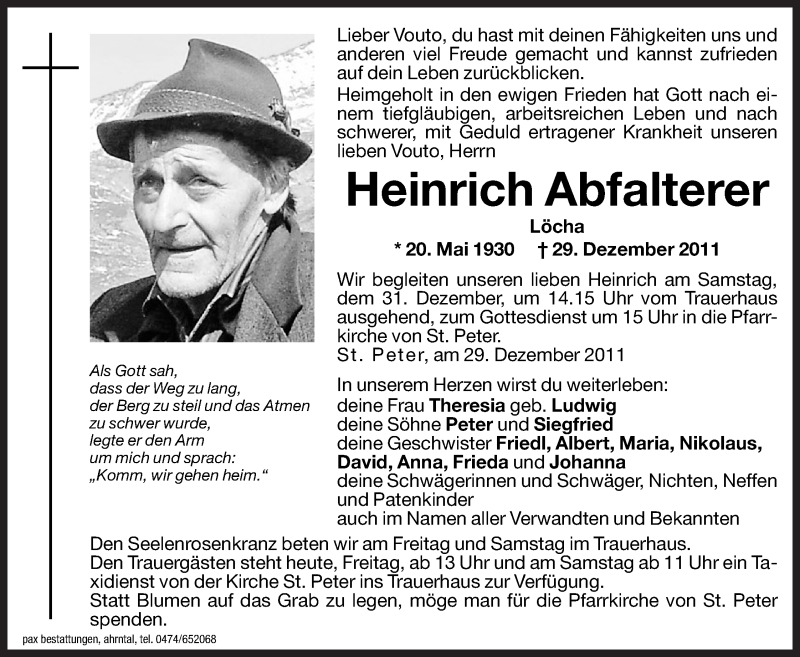  Traueranzeige für Heinrich Abfalterer vom 30.12.2011 aus Dolomiten