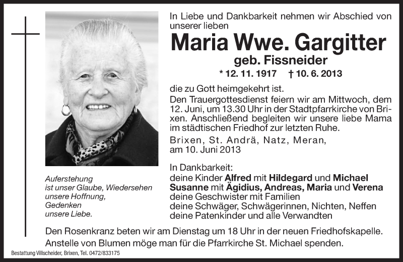  Traueranzeige für Maria Gargitter vom 11.06.2013 aus Dolomiten