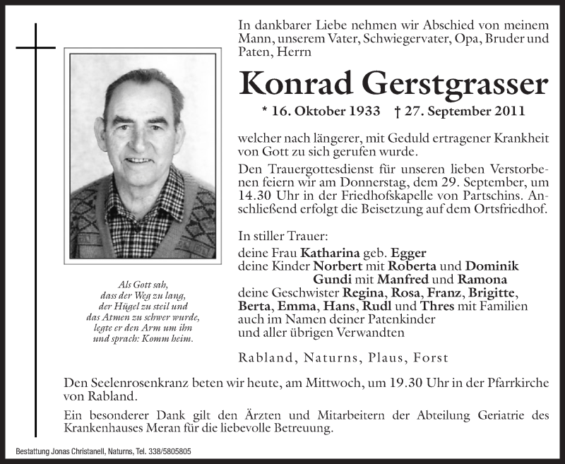  Traueranzeige für Konrad Gerstgrasser vom 28.09.2011 aus Dolomiten