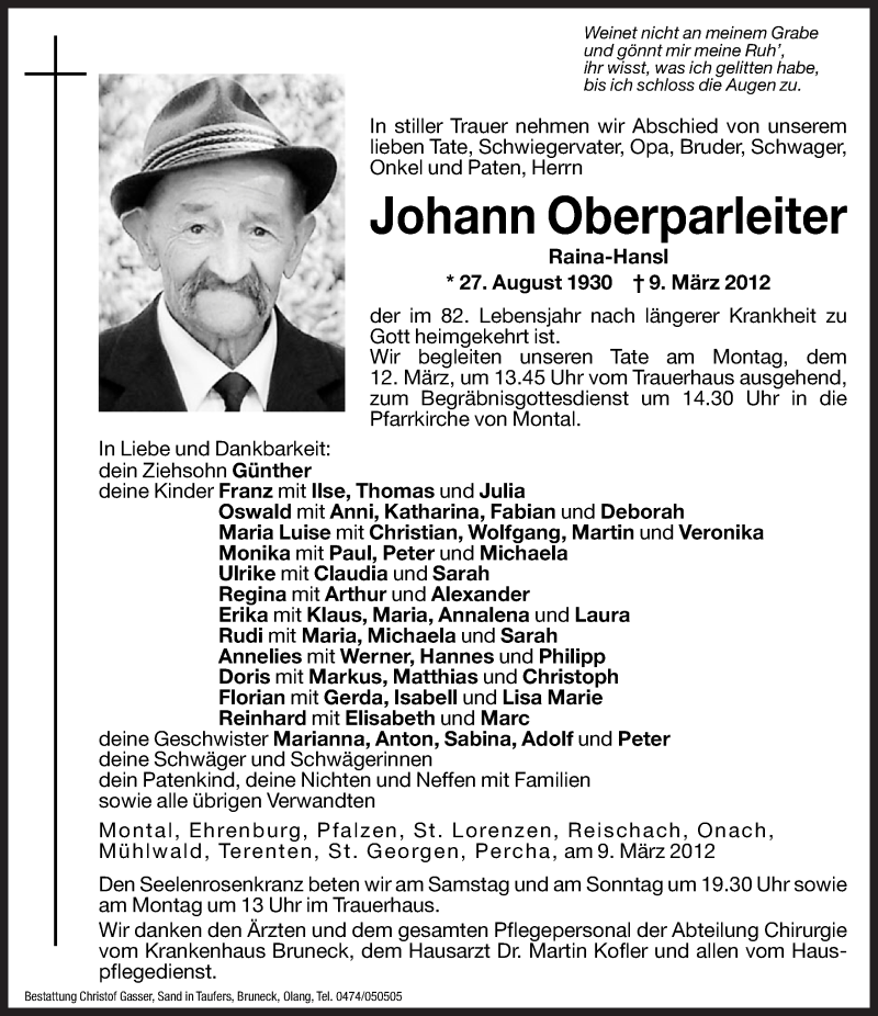  Traueranzeige für Johann Oberparleiter vom 10.03.2012 aus Dolomiten