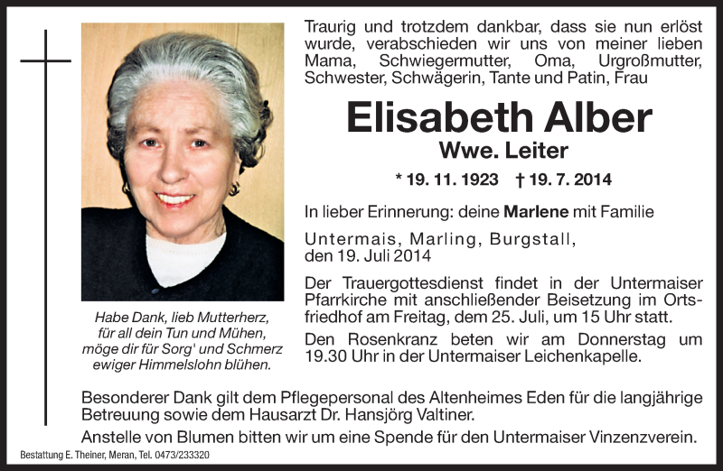  Traueranzeige für Elisabeth Leiter vom 23.07.2014 aus Dolomiten