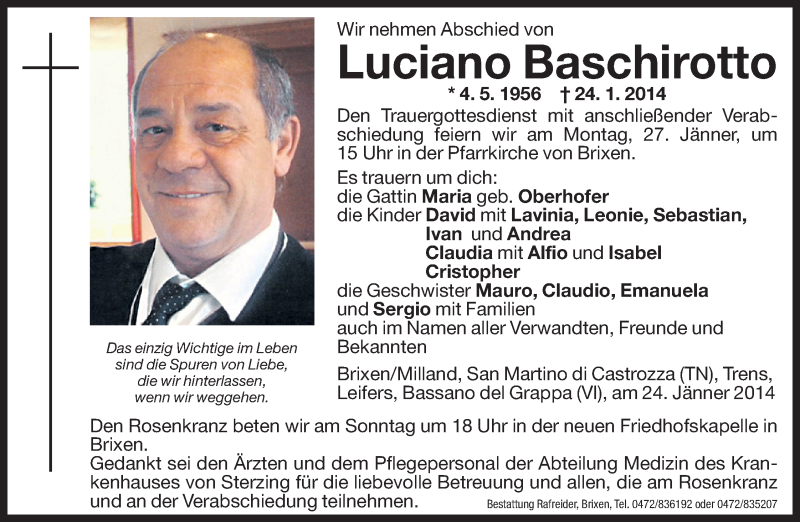  Traueranzeige für Luciano Baschirotto vom 25.01.2014 aus Dolomiten