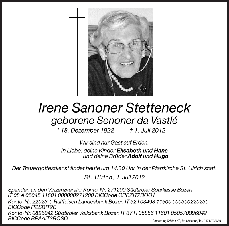  Traueranzeige für Irene  Sanoner Stetteneck vom 03.07.2012 aus Dolomiten