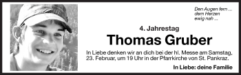 Traueranzeige von Thomas Gruber von Dolomiten