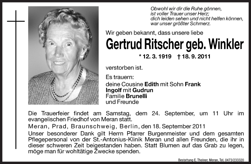  Traueranzeige für Gertrud Ritscher vom 23.09.2011 aus Dolomiten