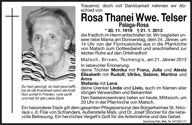  Traueranzeige für Rosa Thanei vom 23.01.2013 aus Dolomiten