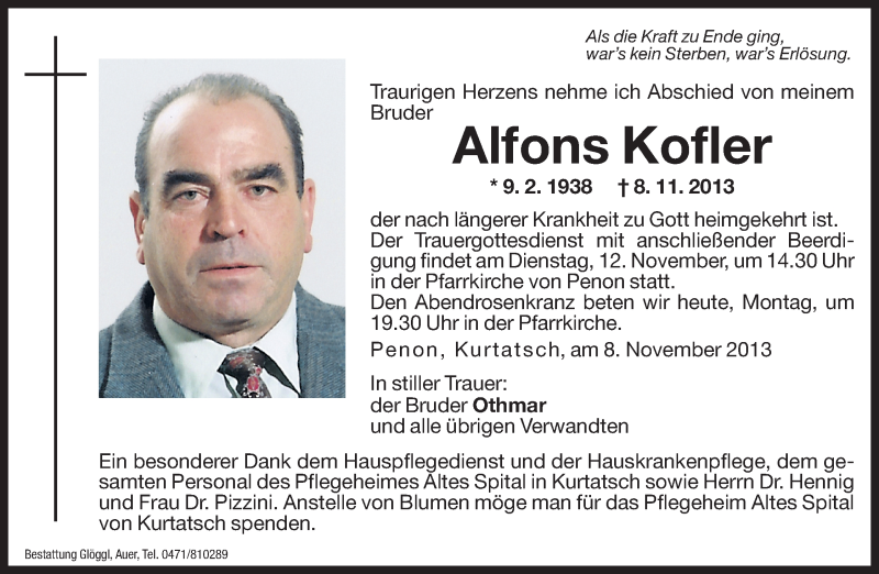  Traueranzeige für Alfons Kofler vom 11.11.2013 aus Dolomiten