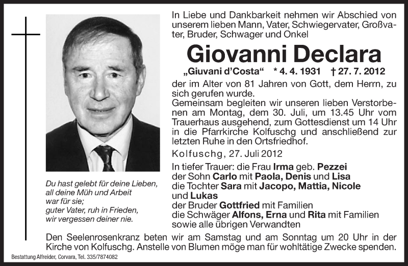  Traueranzeige für Giovanni Declara vom 28.07.2012 aus Dolomiten